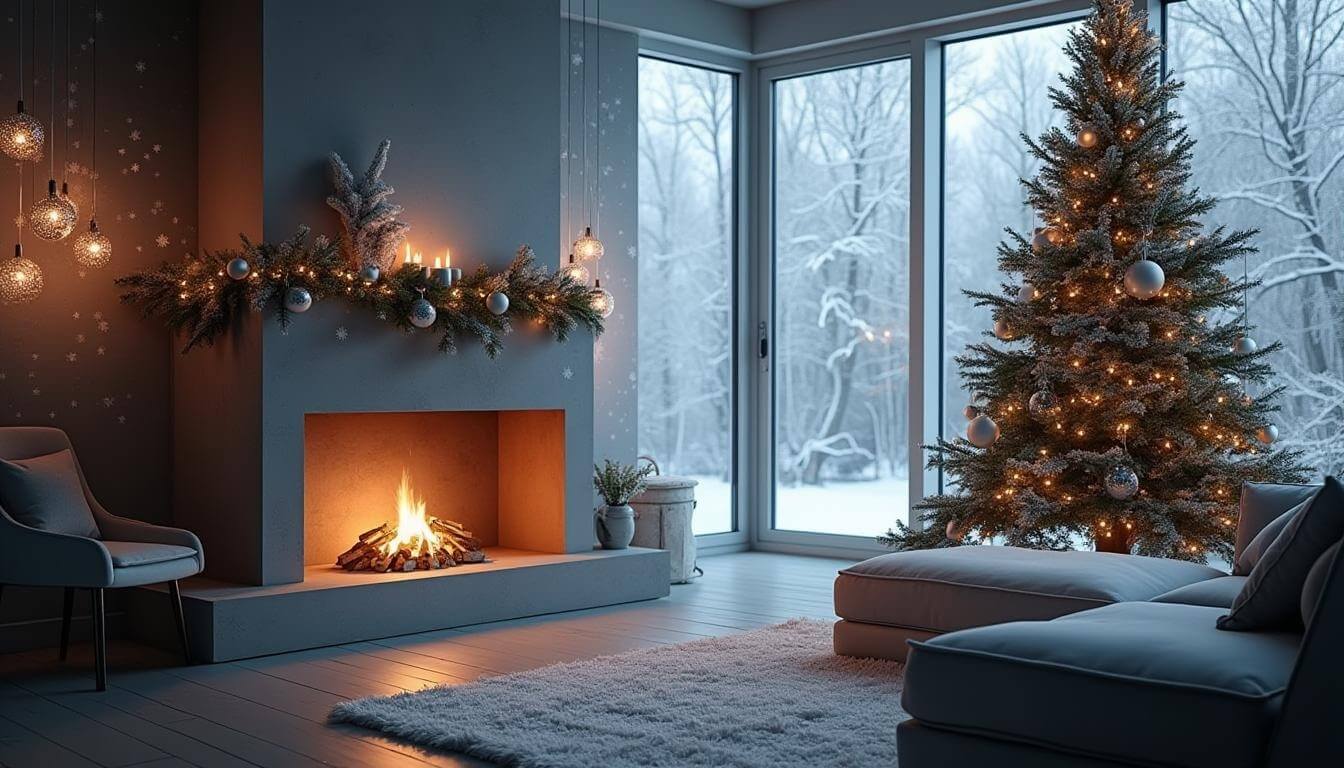 Ein weihnachtlich dekoriertes Wohnzimmer mit einem Kamin, der ein gemütliches Feuer brennt. Über dem Kamin hängt eine Girlande mit Lichtern, Kerzen und Weihnachtsschmuck. Rechts steht ein geschmückter Weihnachtsbaum mit Lichterketten und Kugeln. Durch große Fenster ist eine verschneite Winterlandschaft sichtbar.