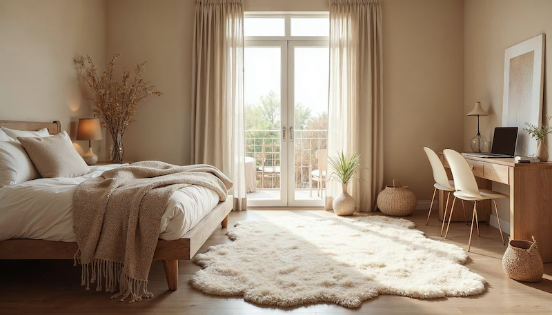 Schlafzimmer eingerichtet in natürlichem beige und mit flauschigem Teppich in organischer Form