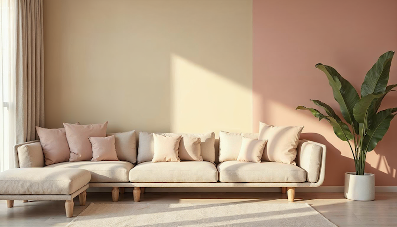 Wohnzimmer mit beigefarbener Wandfarbe und Sofa und mit pastellfarbenen rosa Akzenten an der Wand