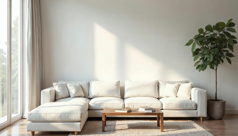 Ein Minimalistisch eingerichtetes Wohnzimmer mit hellem Sofa, Tisch und Pflanze