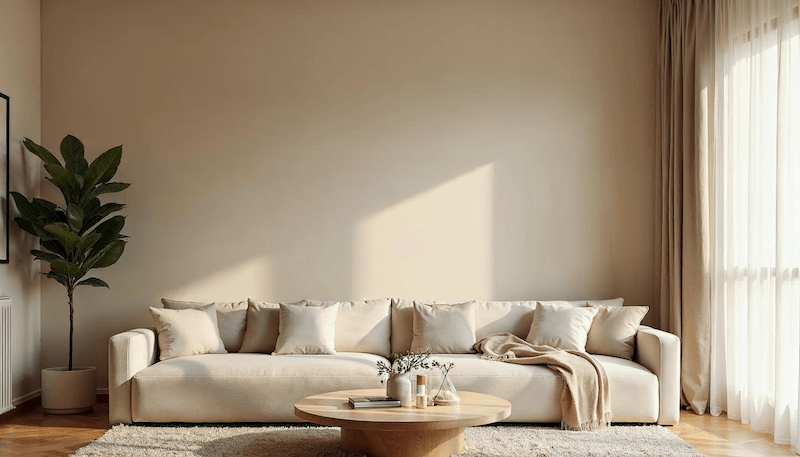 Ein modernes Wohnzimmer mit neutralen Farben, darunter ein beigefarbenes Sofa, weiße Kissen und ein heller Teppich, minimalistisch dekoriert mit einer großen Zimmerpflanze und einem runden Holztisch.