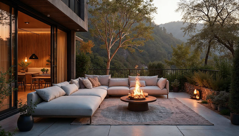 Balkon mit großer modularen Sofalandschaft und idyllischen Wäldern im Hintergrund